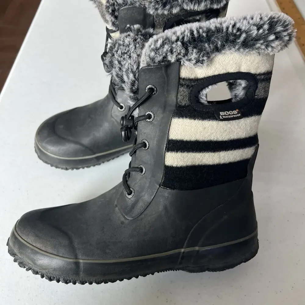 Bogs Arcata Stripe Black Waterproof Wool-Blend Winter Boots kids 6 Rated to -40.